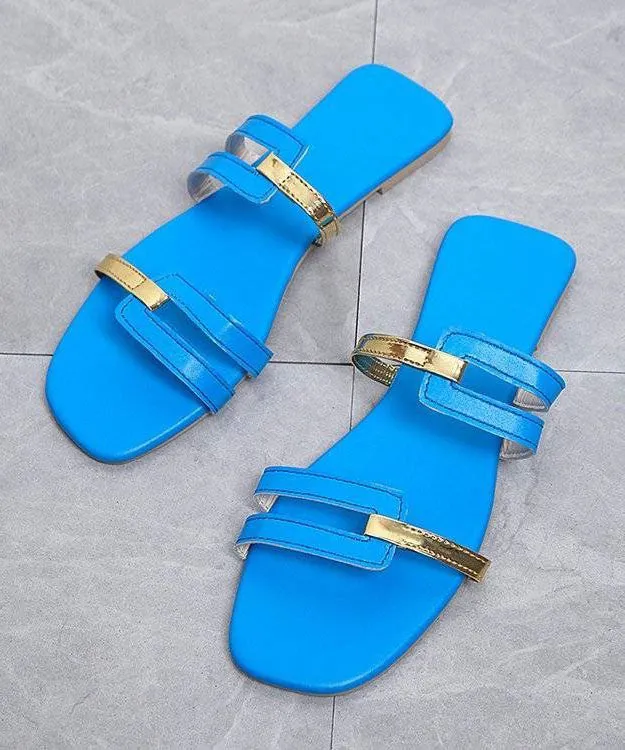 Blue Flats Slide Sandals Faux Leather Fine Splicing Peep Toe LY4304