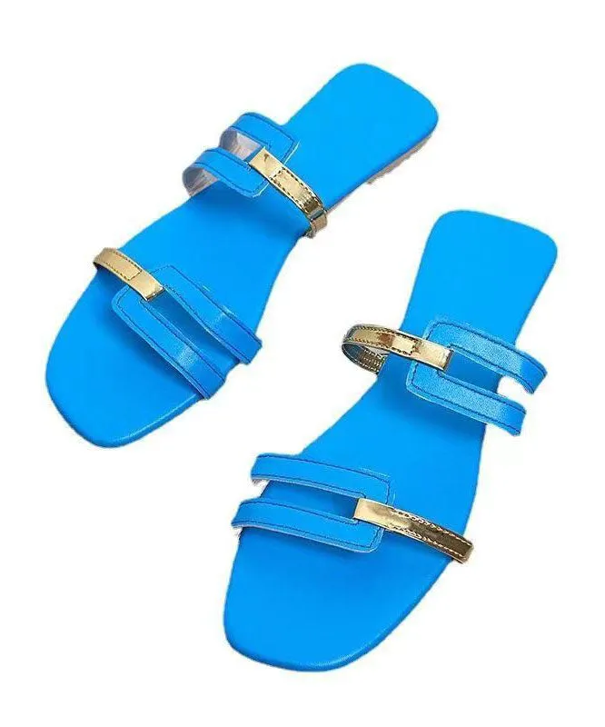 Blue Flats Slide Sandals Faux Leather Fine Splicing Peep Toe LY4304