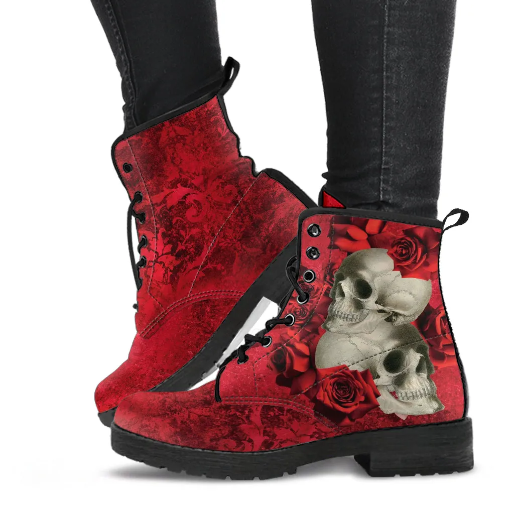 Combat Boots - Goth Shoes #302 Skulls & Roses, Grunge Red | Vegan Leather Lace Up, Custom Shoes Boho, Goth Witch Boots, Cute Kawaii Shoes