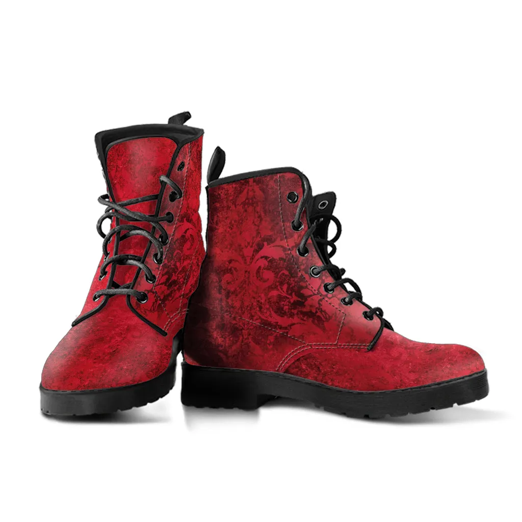 Combat Boots - Goth Shoes #302 Skulls & Roses, Grunge Red | Vegan Leather Lace Up, Custom Shoes Boho, Goth Witch Boots, Cute Kawaii Shoes