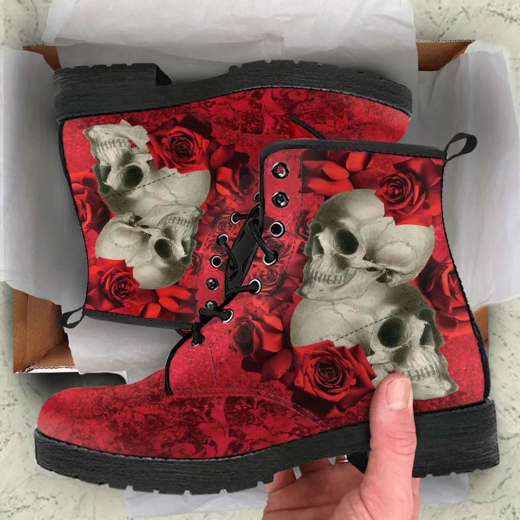 Combat Boots - Goth Shoes #302 Skulls & Roses, Grunge Red | Vegan Leather Lace Up, Custom Shoes Boho, Goth Witch Boots, Cute Kawaii Shoes