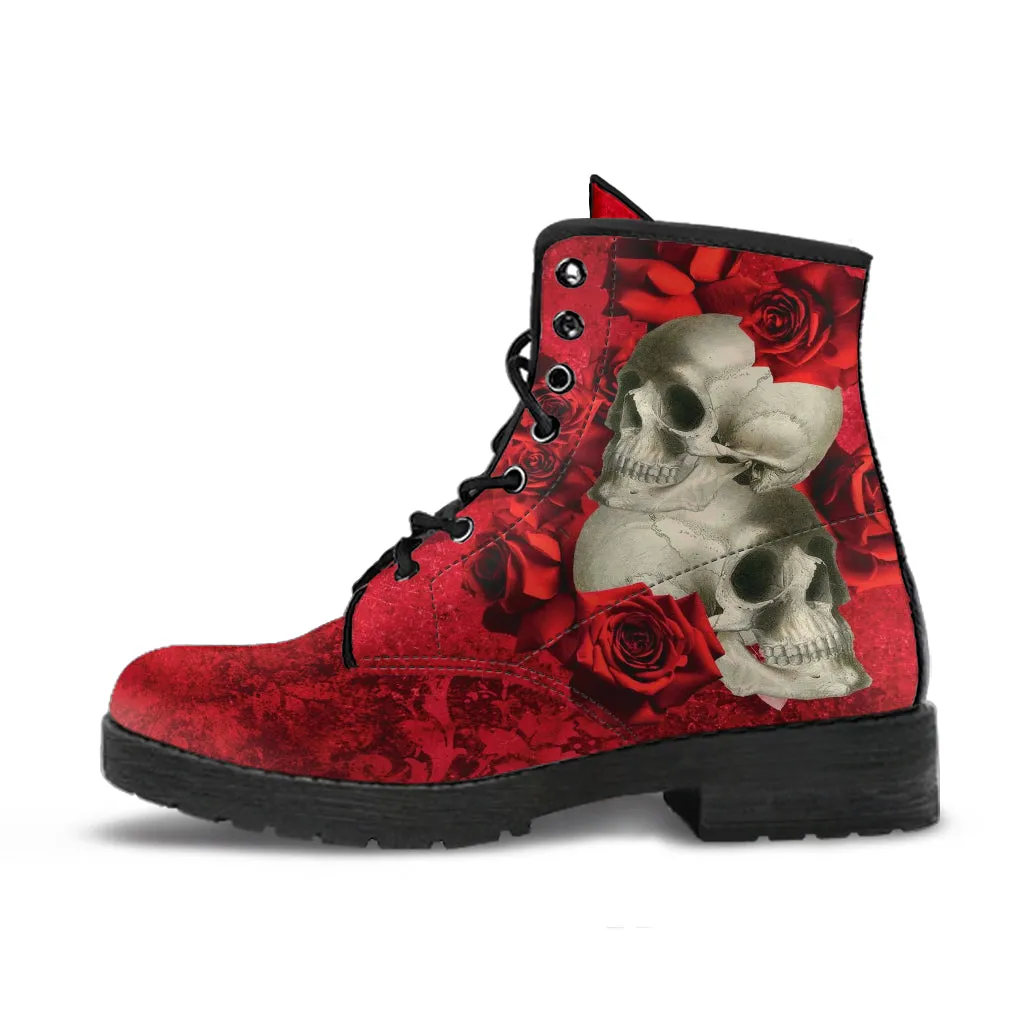 Combat Boots - Goth Shoes #302 Skulls & Roses, Grunge Red | Vegan Leather Lace Up, Custom Shoes Boho, Goth Witch Boots, Cute Kawaii Shoes