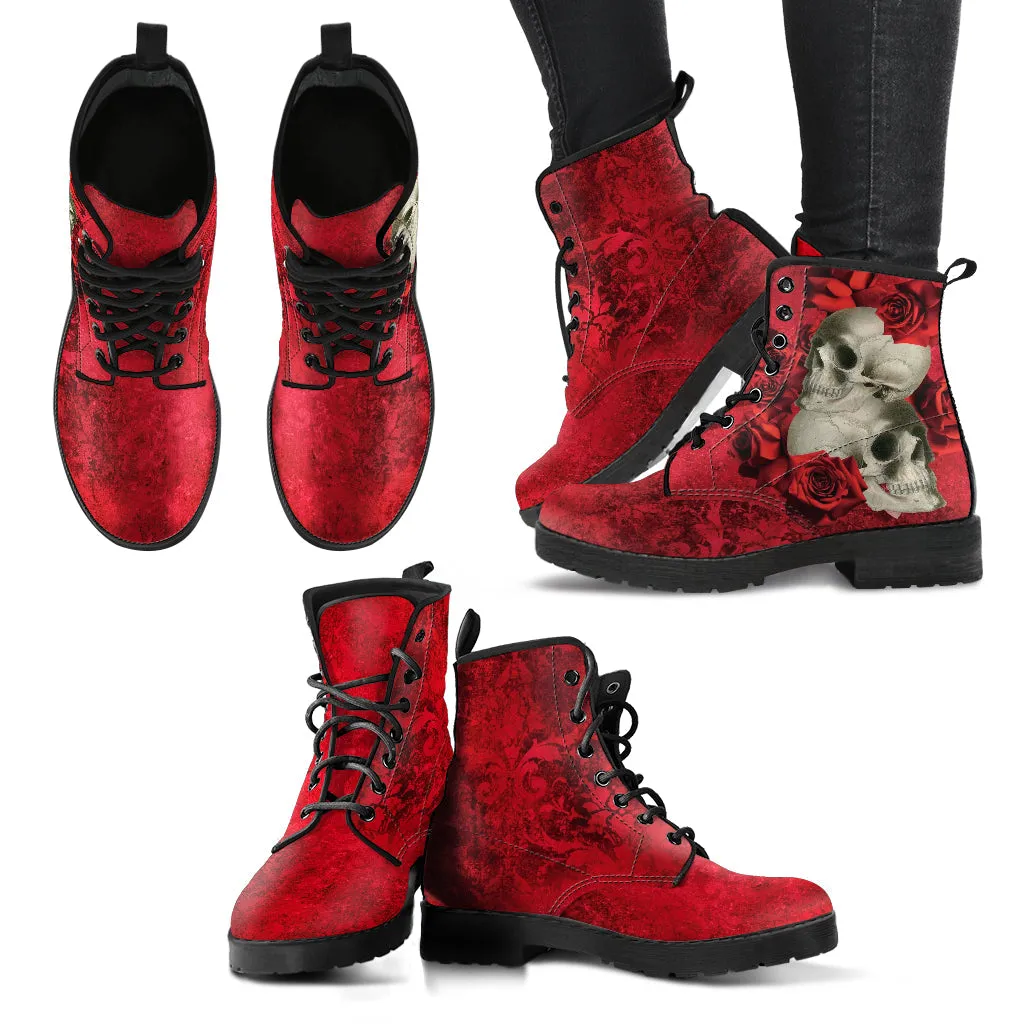 Combat Boots - Goth Shoes #302 Skulls & Roses, Grunge Red | Vegan Leather Lace Up, Custom Shoes Boho, Goth Witch Boots, Cute Kawaii Shoes