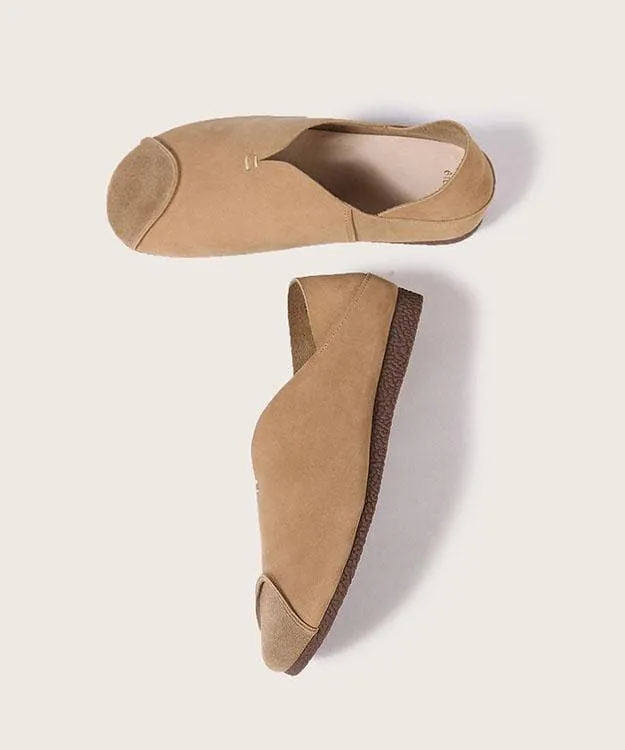 Khaki Cowhide Leather Flats Splicing Flat Feet Shoes