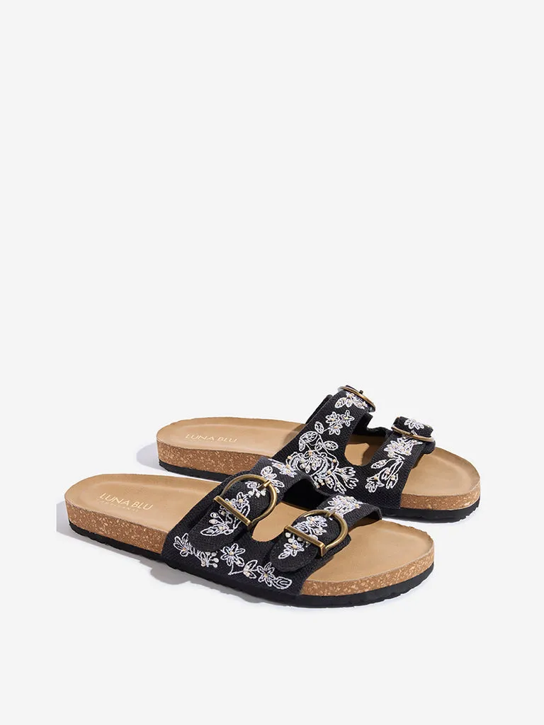 LUNA BLU Black Floral Embroidered Slip-On Sandals