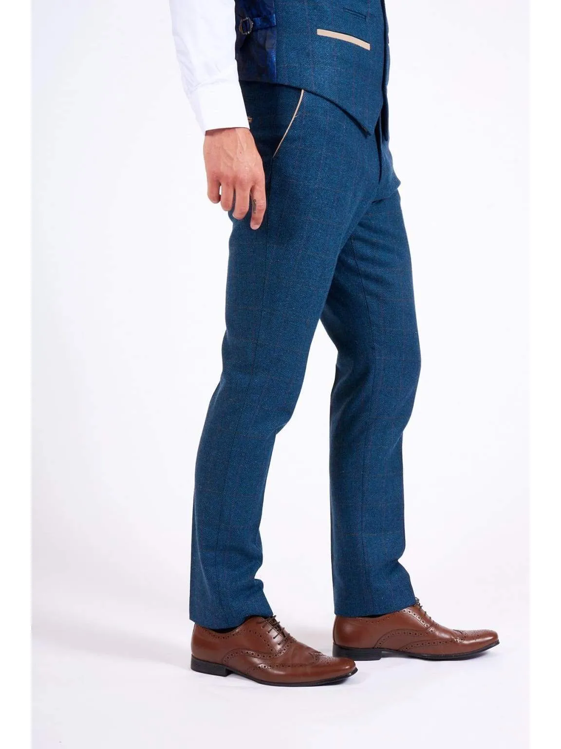 Marc Darcy Dion Men's Blue Slim Fit Check Tweed Trousers