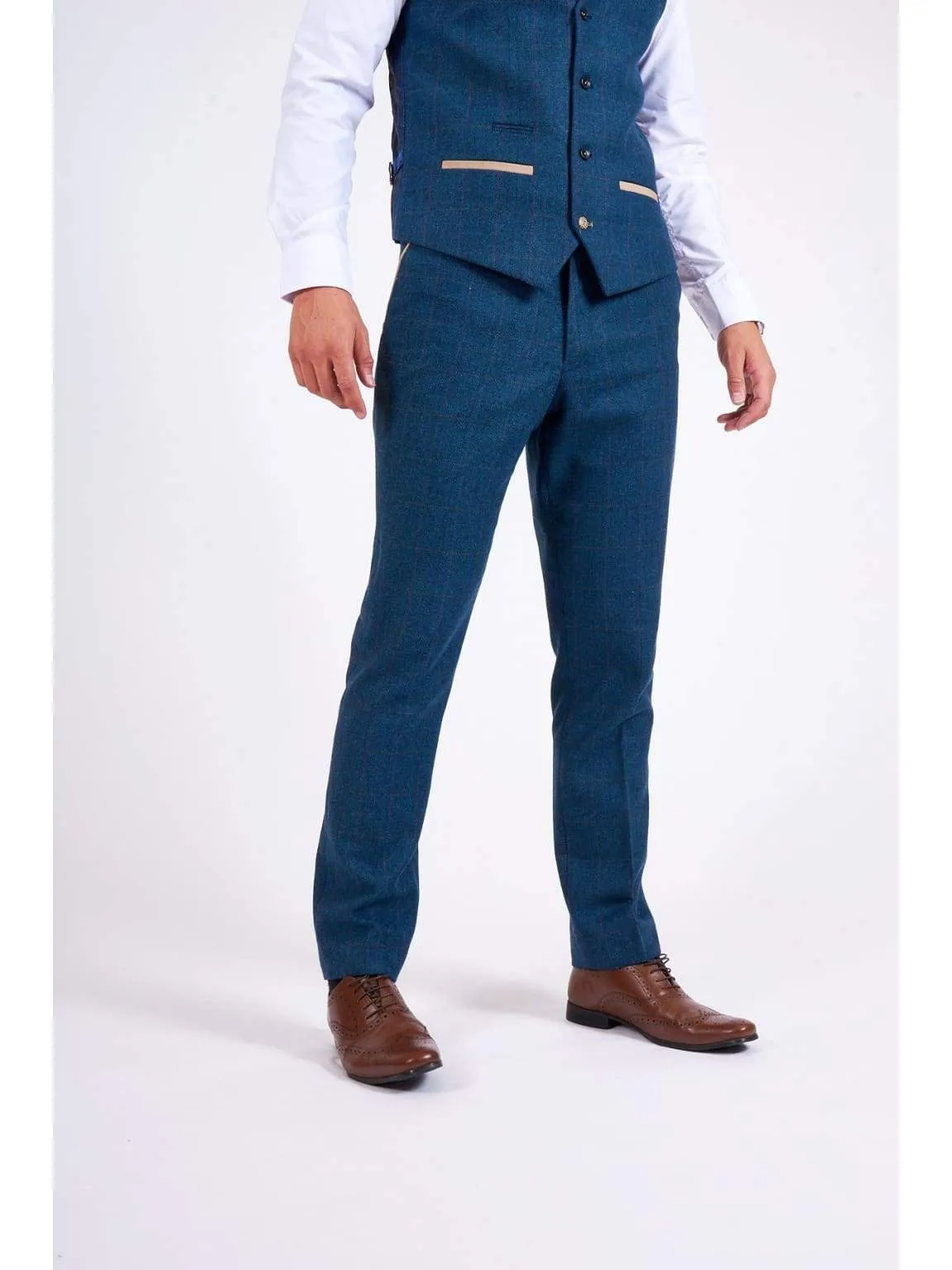 Marc Darcy Dion Men's Blue Slim Fit Check Tweed Trousers