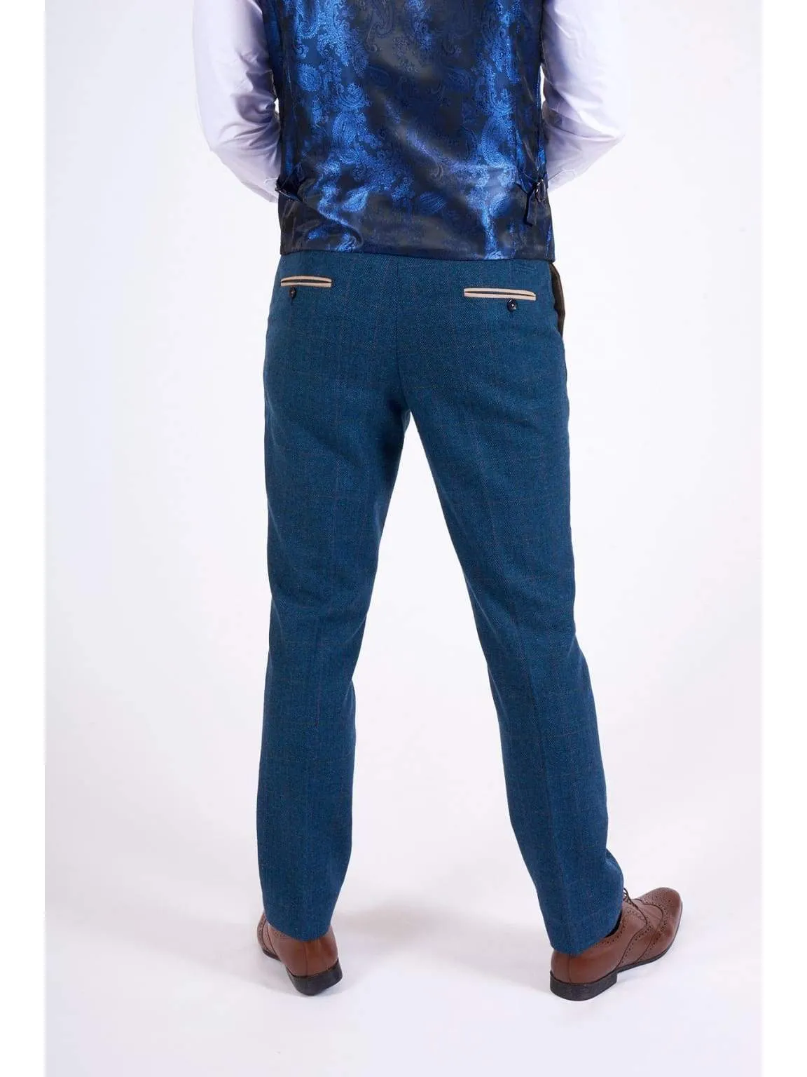 Marc Darcy Dion Men's Blue Slim Fit Check Tweed Trousers