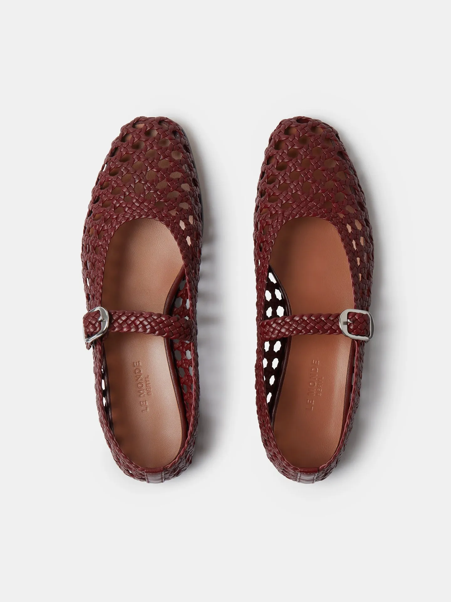 Red leather woven Mary Jane flats