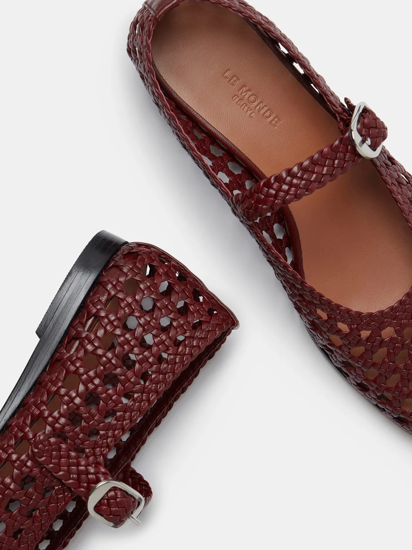 Red leather woven Mary Jane flats