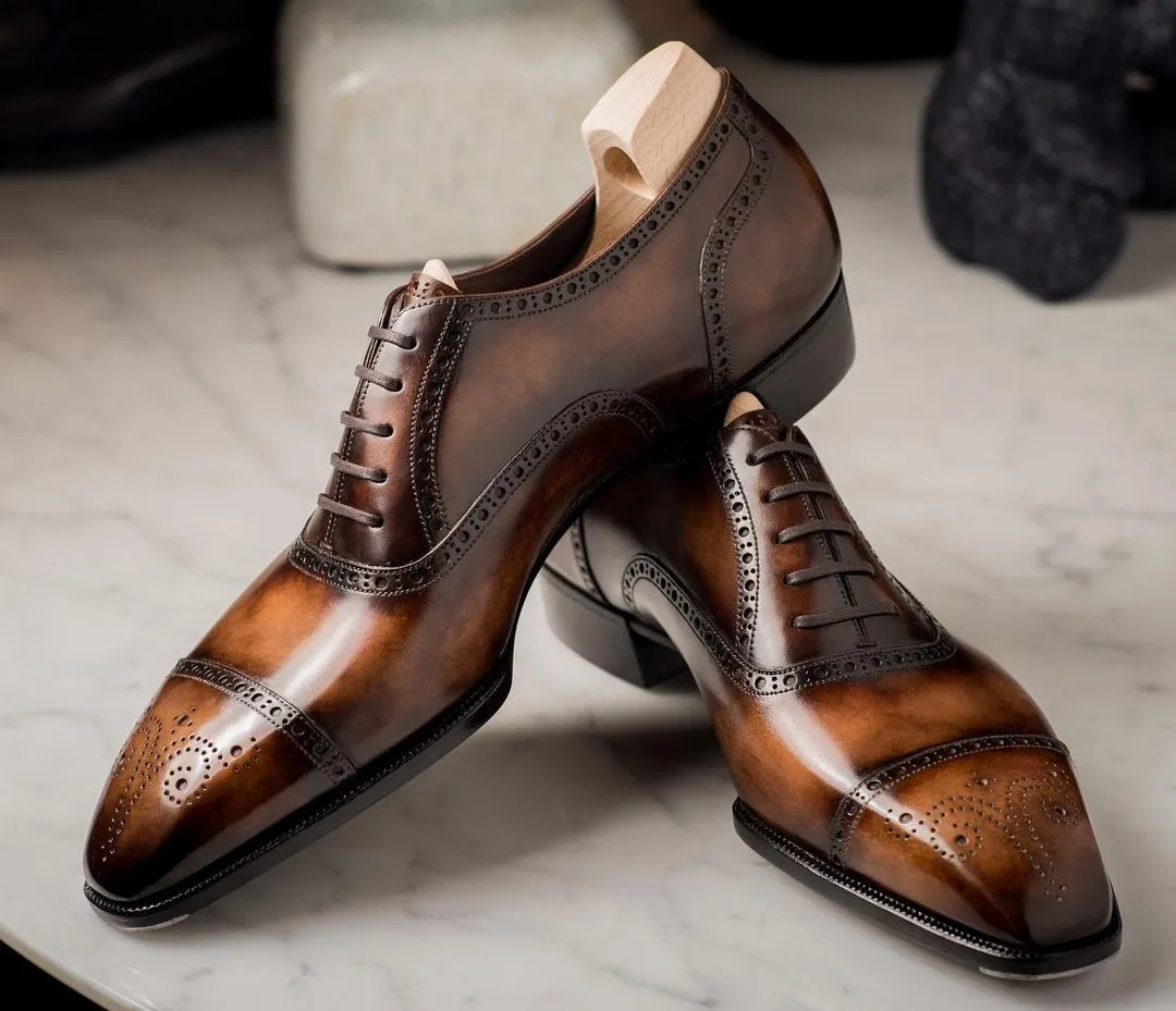 Tan Leather Nantes Brogue Toe Cap Oxford Shoes - AW24