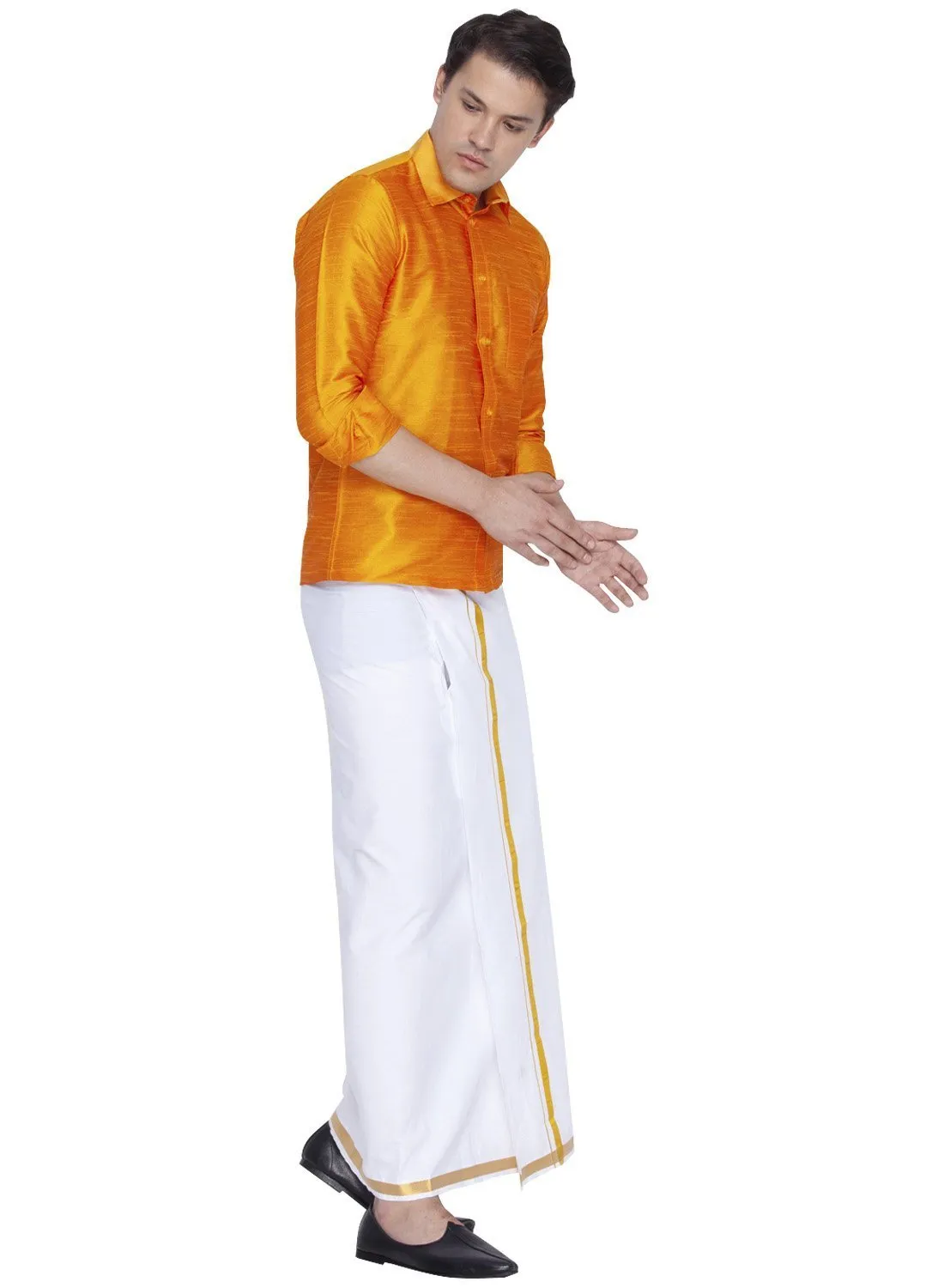 VASTRAMAY Men's Orange Cotton Silk Blend Shirt and Mundu Set
