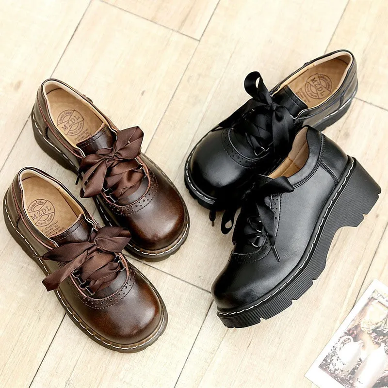 xakxx Women Ribbon Lace Up Oxford Shoes Genuine Split Leather Brogues New Arrival Retro Ladies Flats Zapatos De Mujer1004